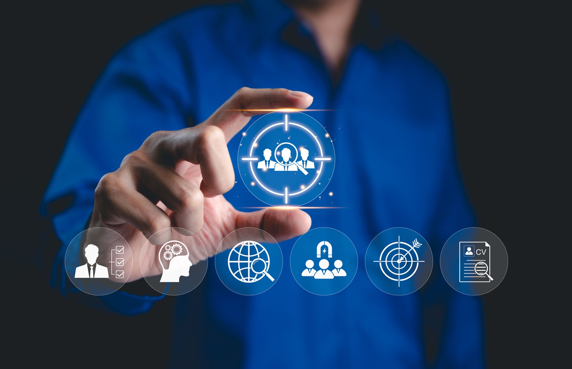 Recruitment and talent acquisition concept. Selects digital icon representing target with group of people, recruitment, talent acquisition. candidate selection, skill assessment, and hiring strategy.
